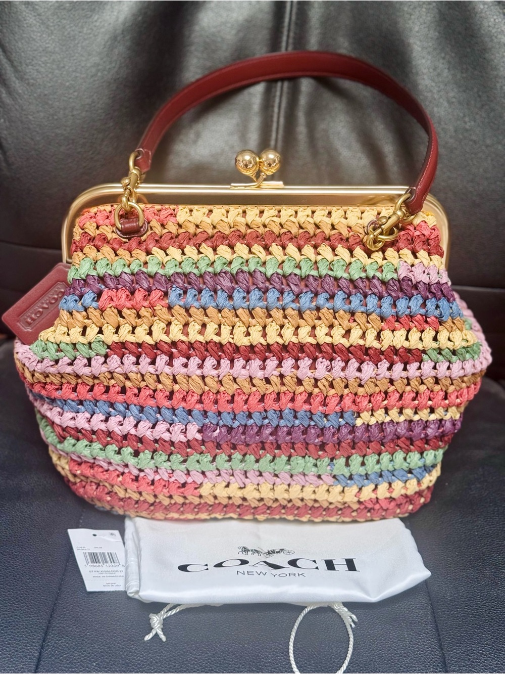 NWT COACH MULTICOLOR STRAW LARGE KISSLOCK 27 BAG CDZ29 In Multi - Picture 3 of 13